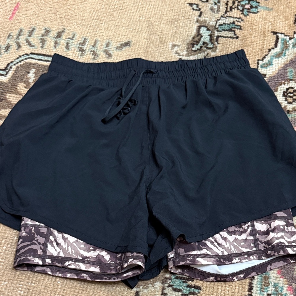 Fabletics Black Shorts with Brown Patterned Lining